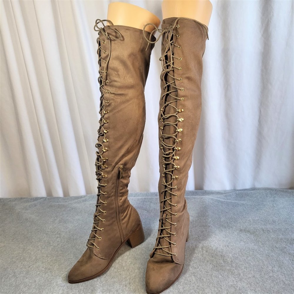 * So Me Taupe (Tan) Over The Knee Lace Up Block Heel Boots